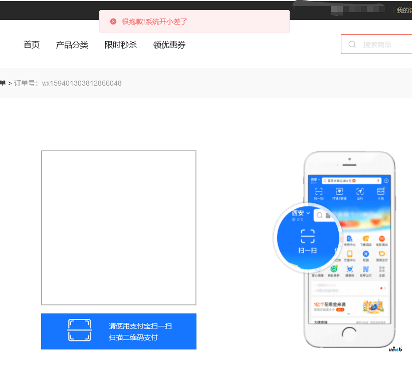 PC模板，在付款頁面選擇支付寶付款，生成不了二維碼（很抱歉！系統(tǒng)開小差了）？？