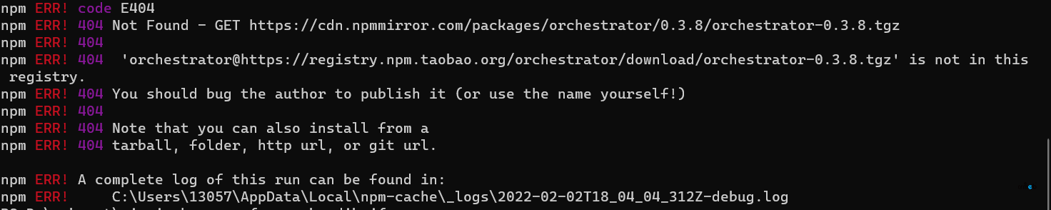 本地運行pc端，npm install 報錯 e404 ,請問這個怎么解決啊？？
